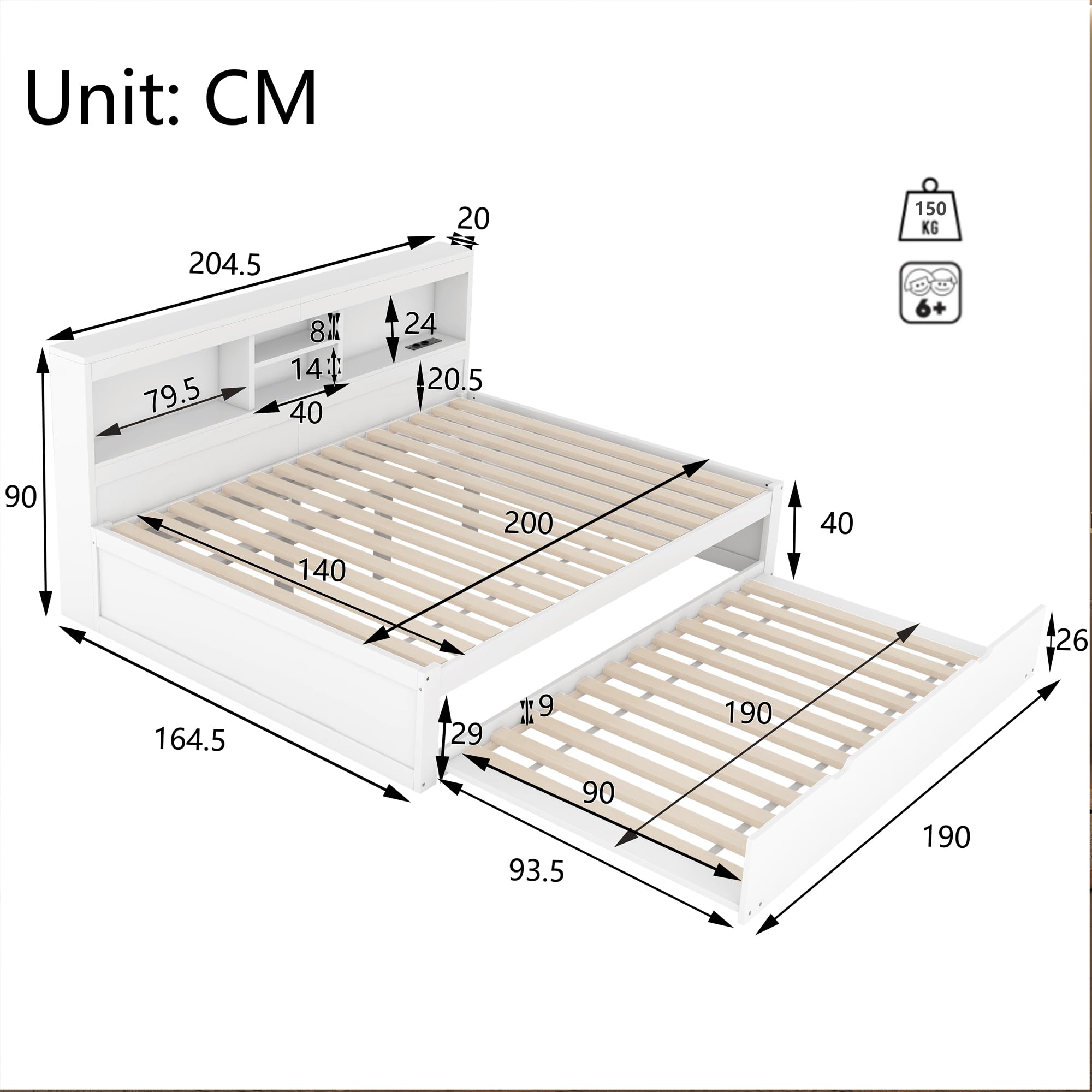 Gegtuon Doppelbett Holzbett 140x200 mit LED-Licht & USB-Buchse für Kinder, Jugendbett Funktionsbett mit Ausziehbares Bett und Stauraum Regal, Bettgestell mit Lattenrost aus Holz, ohne Matratze, Weiß
