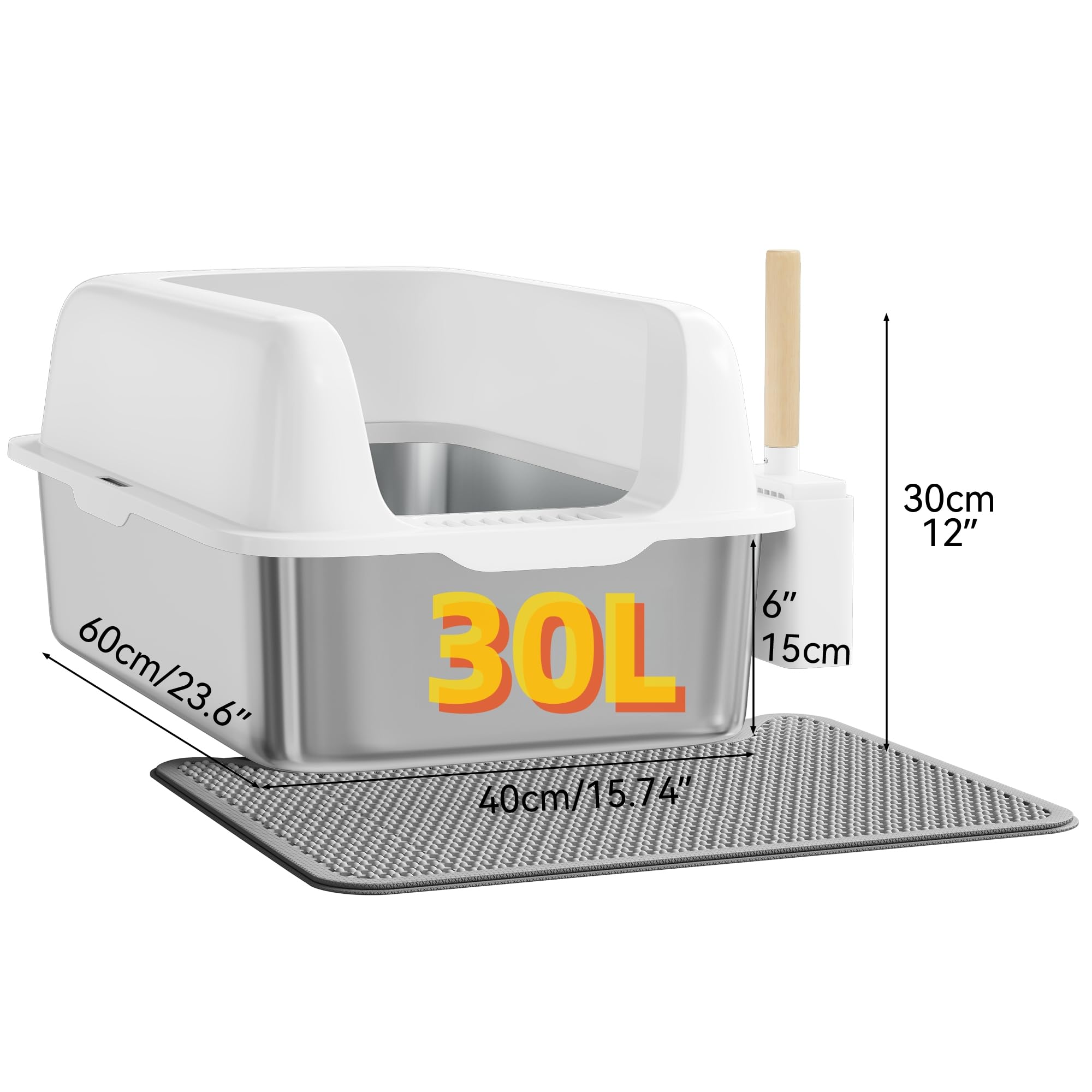 YITAHOME Edelstahl Katzenklo 30L XXL Extra Groß Katzentoilette- rutschfeste Hochwand | Anti-Streu-Fußmatte | Leicht zu Reinigende Antihaft-Oberfläche | 60x40x30cm (Grau)