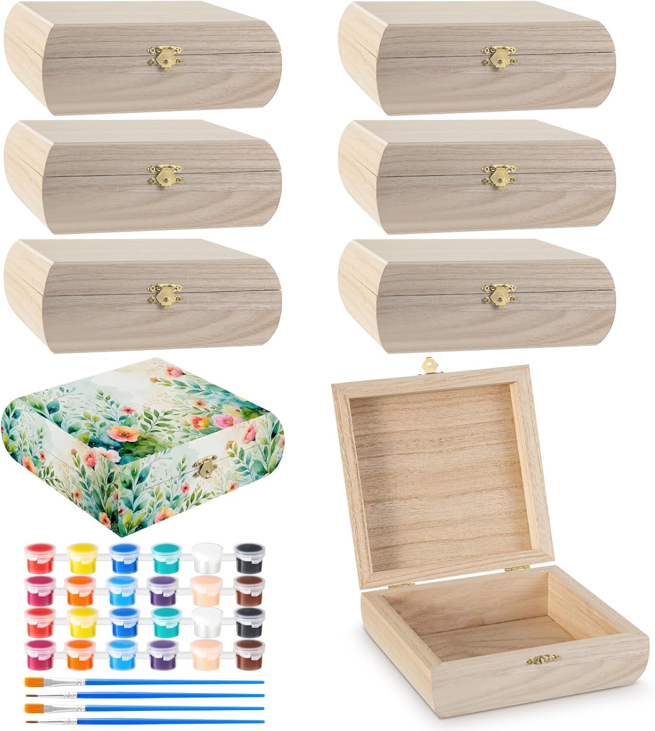 8 Pack Unfinished Wooden Boxes with Hinged Lid and Clasp, Curved Side Unpainted Wood Keepsake Storage Box for DIY Crafts, Jewelry, Gifts, Wedding Favors (7.28 x 7.28 x 2.72 in)