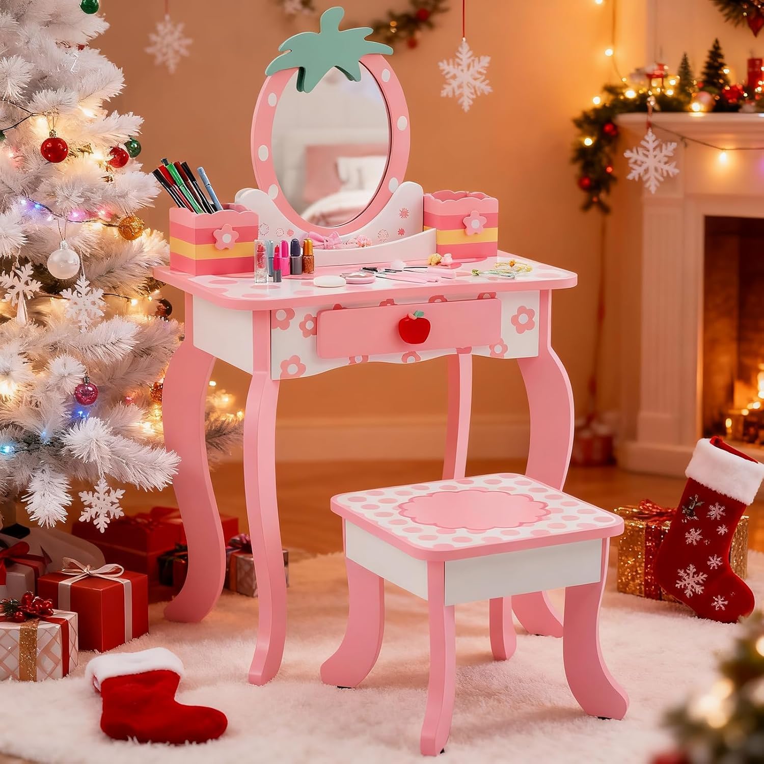 LEADZM Coiffeuse pour Enfants avec Miroir à Trois Volets, Coiffeuse Fille avec Imprimé Fruit Mignon & Tabouret, Table de Maquillage Princesse, pour 3 Ans+ (Rose)