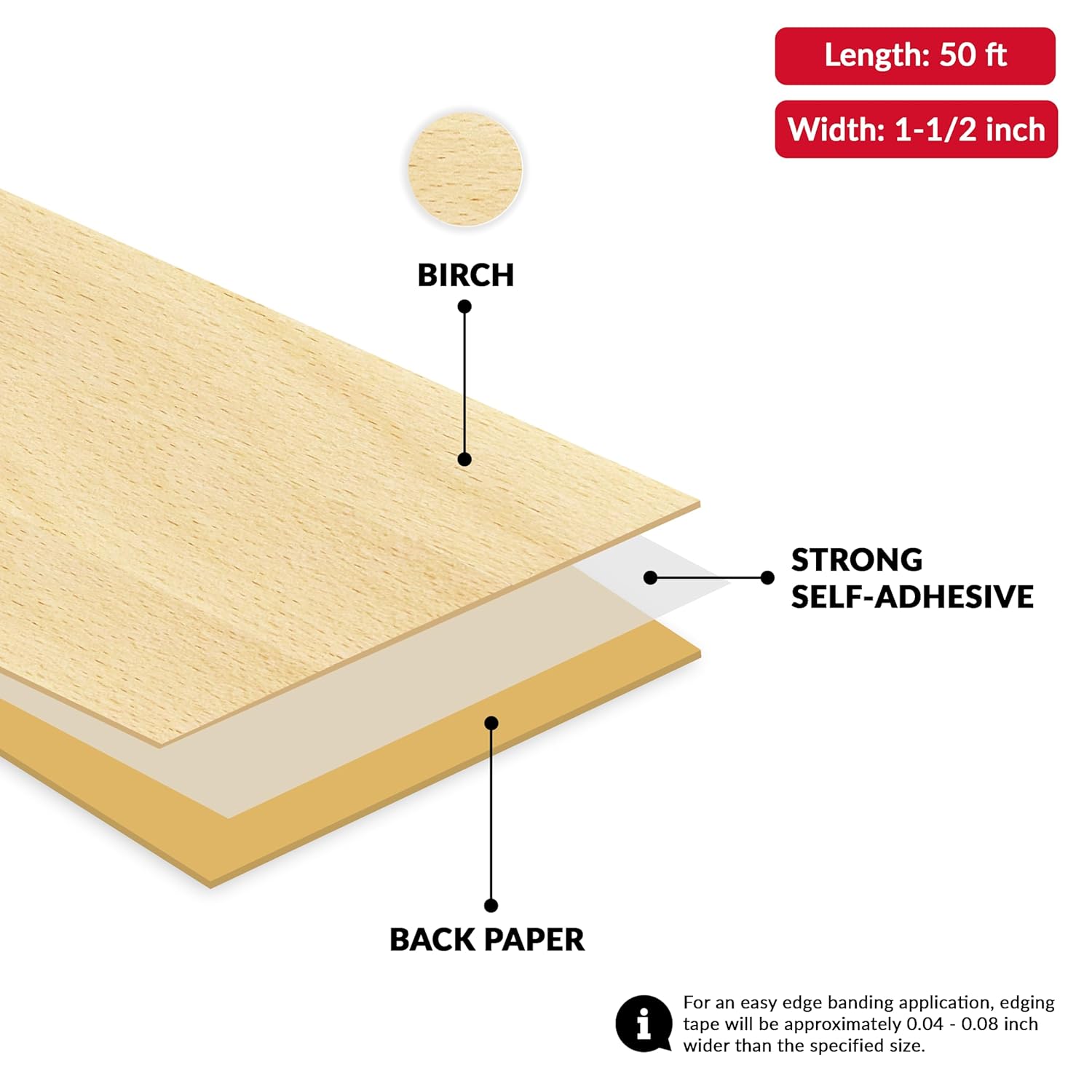 UNMAR Birch 2 inch x 50 feet Edge Banding Veneer Tape Peel Stick Adhesive Edging Veneer Trim Flexible Vinyl Strip Molding Wood Cabinet Laminate Shelf Furniture Countertop Formica Plywood Board Repair