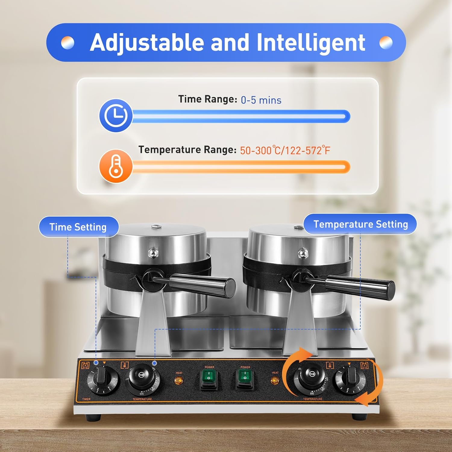 Commercial Waffle Maker,Double Heads Waffle Maker,Non-stick Round Stainless Steel Waffle Iron Machine for Restaurant Party,110V,2600W,Temperature Control