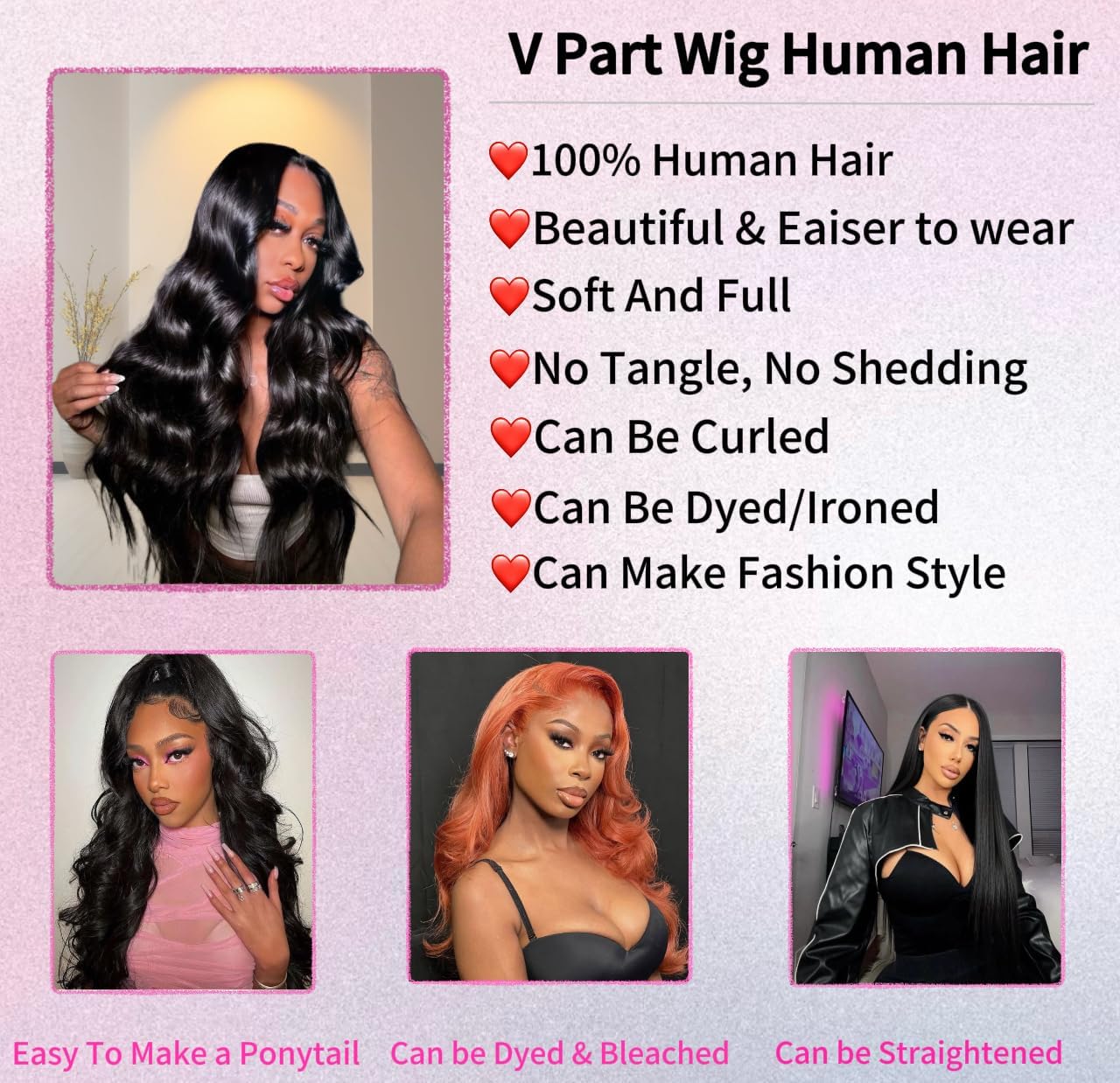 V Part Wig Human Hair Body Wave Perruque pour femme Cheveux naturels sans colle 180% Density Full Head Clip Upgrade Non Lace Front Perruques cheveux humains 16inch