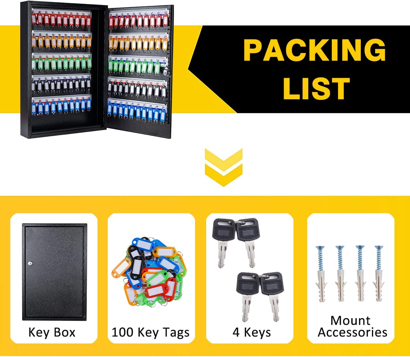 Furnishh Key Box Wall Mount 100 Position Metal Locking Key Cabinet Organizer with Key Tags Key Safe Security Storage Lockbox Holder for Valets, Hotels, Car and House Keys, Key Keeper Box - Black : Office Products