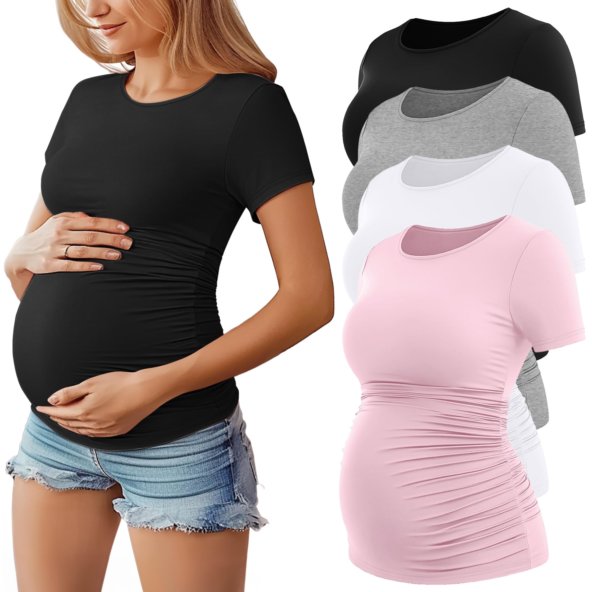 Huukeay 4 Pack Women's Maternity Shirts, Crew Neck Maternity Top Short Sleeve Casual Cotton Tee Side Ruched Pregnancy Clothes