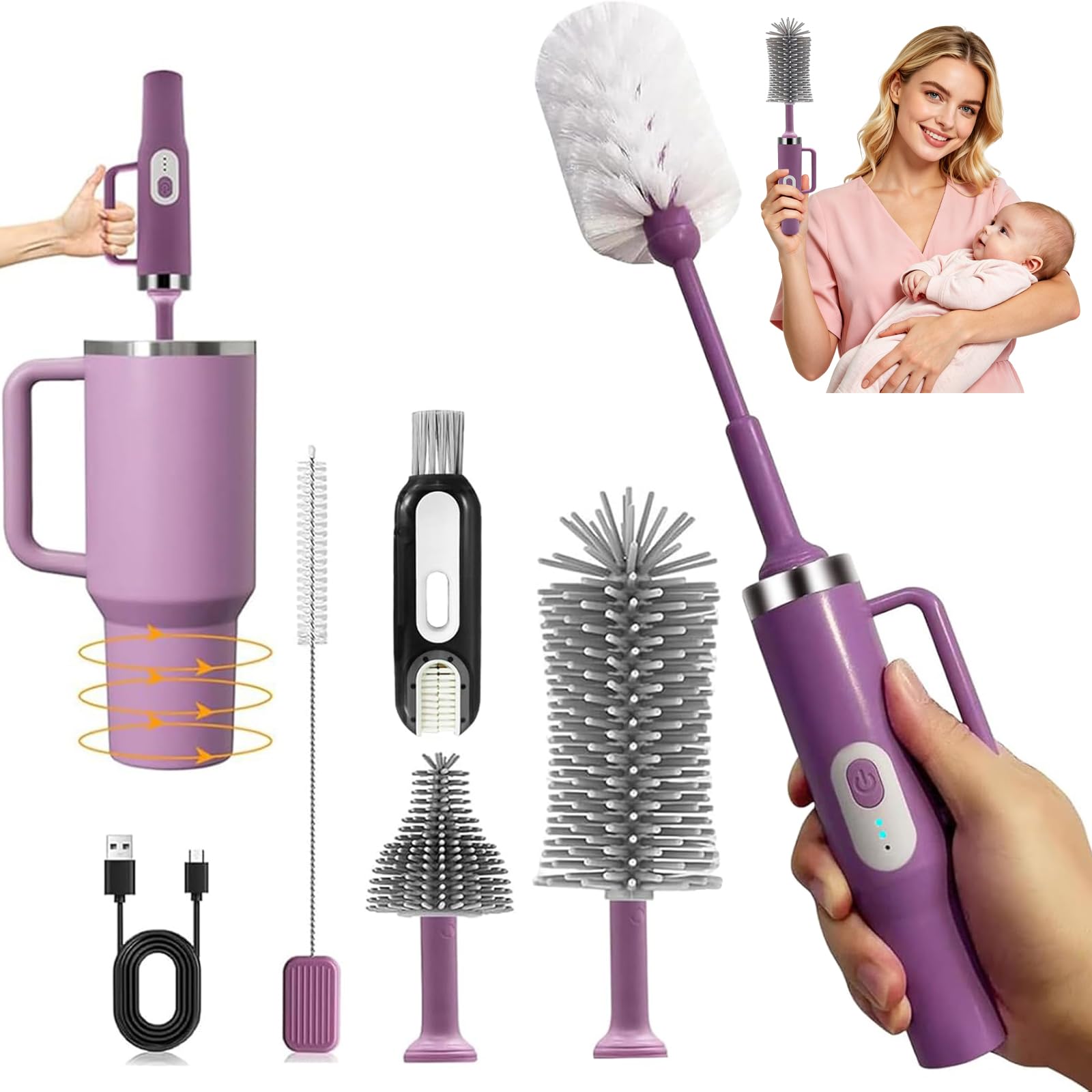 PYSUG 5-in-1 Long Handle Electric Bottle Brush Cleaner in Purple with Removable Brush Heads