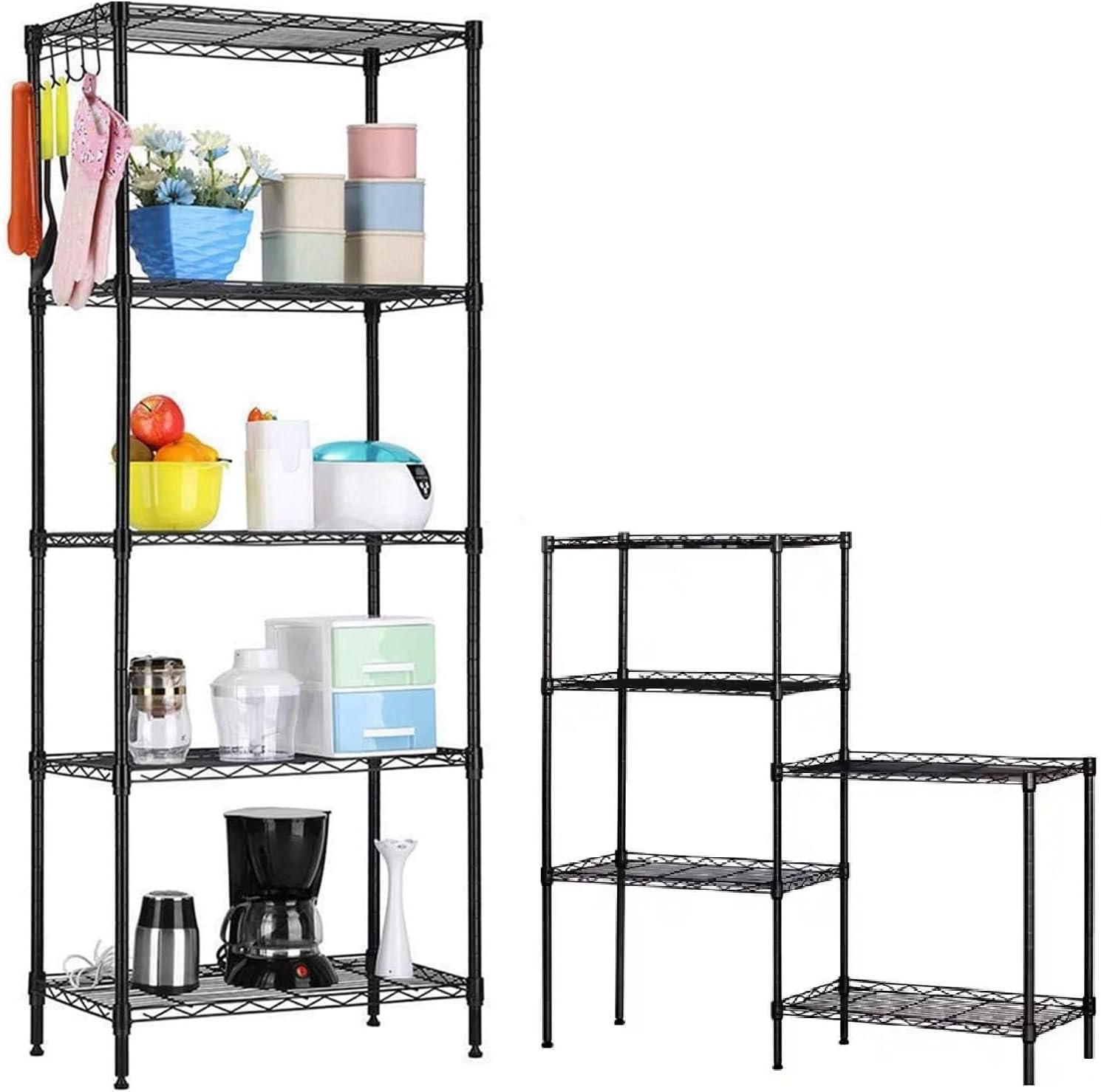 BEONE 5 Tier Wire Shelving Metal Storage Rack Adjustable for Laundry Bathroom, Garage, Living Room, Kitchen Pantry Closet 55x30x150cm (Type B Black)