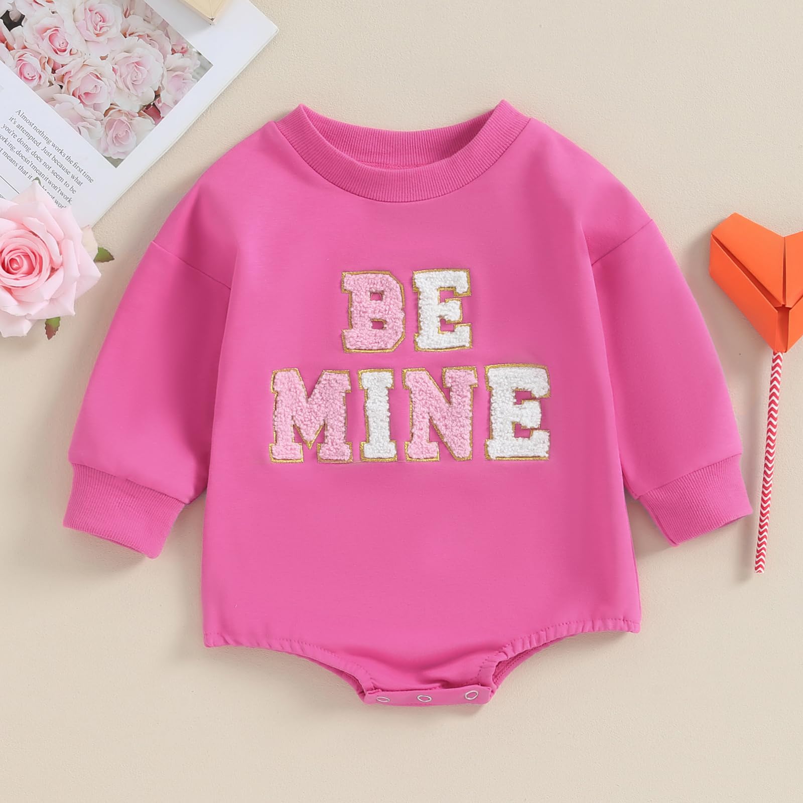Socutebabe Newborn Baby Girl Valentines Outfit Kiss Me Shirts Crewneck Sweatshirt Bubble Romper Onesie Cute Spring Clothes (BE MINE Romper Pink,6-12 Months)
