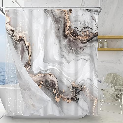 Miniatura 10 de Cortina de ducha sin gancho con forro a presión, mármol azul, textura moderna de tinta grieta, cortina de ducha de doble capa, tela impermeable,
