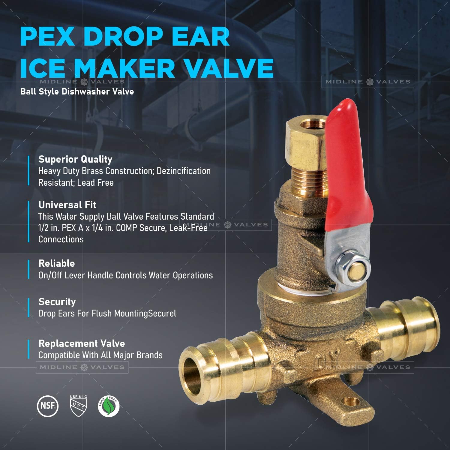 Midline Valve XJNW12-OM Ice Maker/Humidifier Shut Off Valve with Drop Ears; 1/2 in. PEX A x 1/4 in. COMP; Cast Brass
