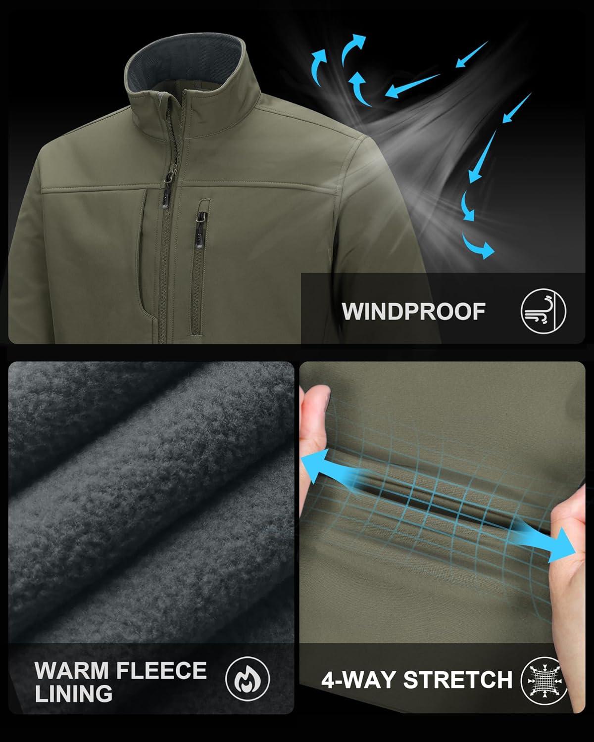 33,000ft Men's Lightweight Softshell Jacket Warm Fleece Lined Windbreaker Waterproof Soft Shell for Outdoor Hiking - Image 6