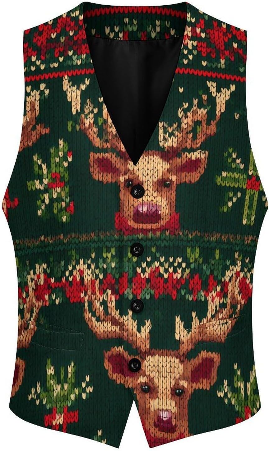 Christmas Sweater Pattern Men Formal Suit Vest V-Neck Button Waistcoat for Business Wedding