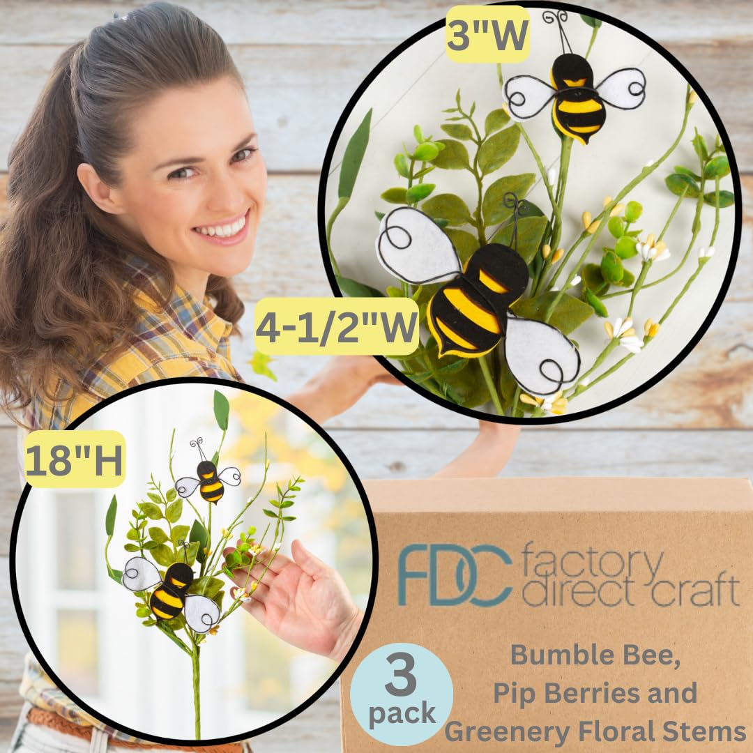 Factory Direct Craft Bumble Bee, Pip Berries and Greenery Floral Stems Set of 3 - for Easter Decorating and Spring or Summer Arrangements (18 Inches High)
