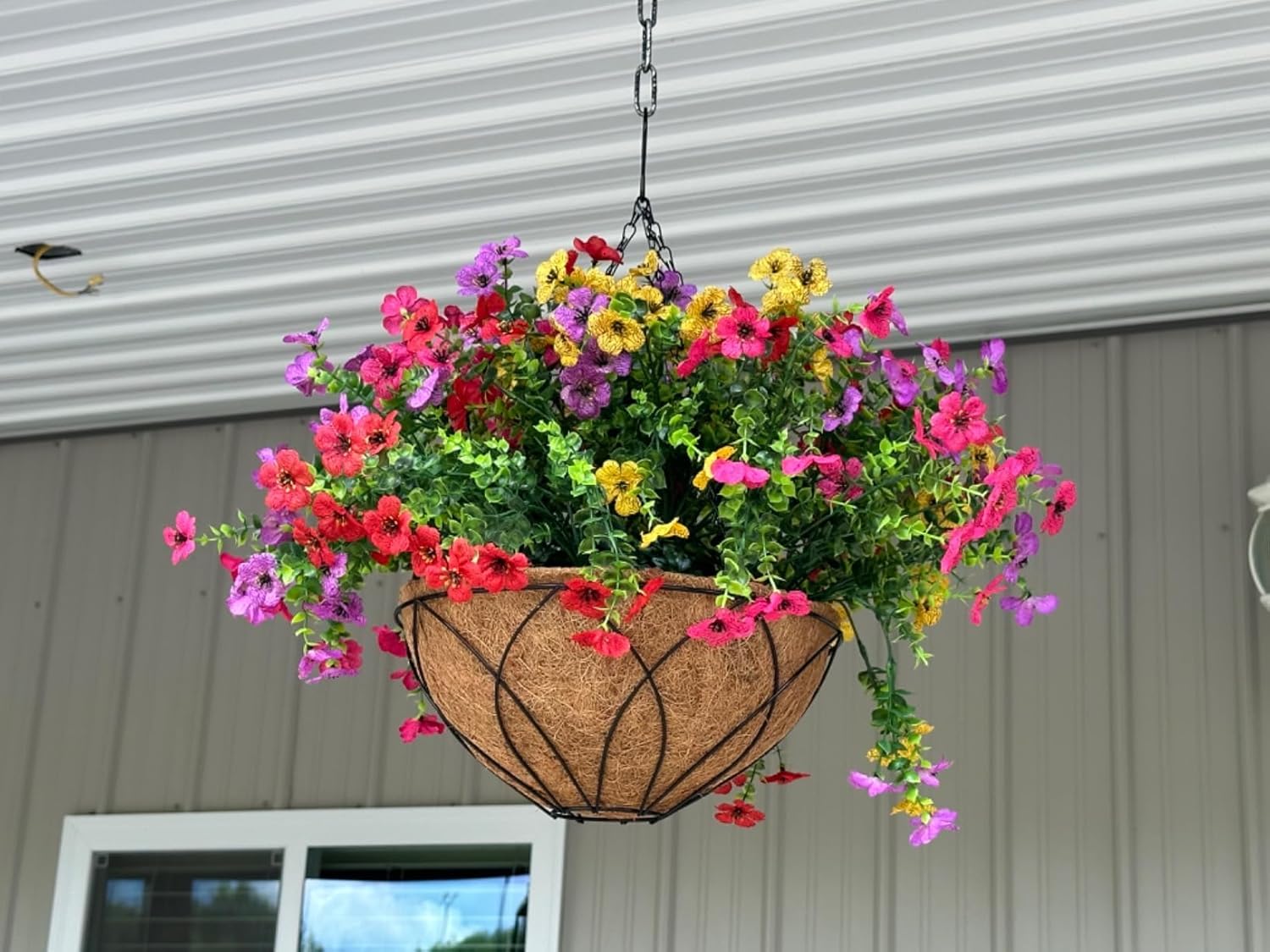 Artificial Faux Hanging Plants Flowers Basket for Summer Autumn, Colorful Daisy Flowers Eucalyptus UV Resistant Look Real for Outdoor Outside Porch Decoration