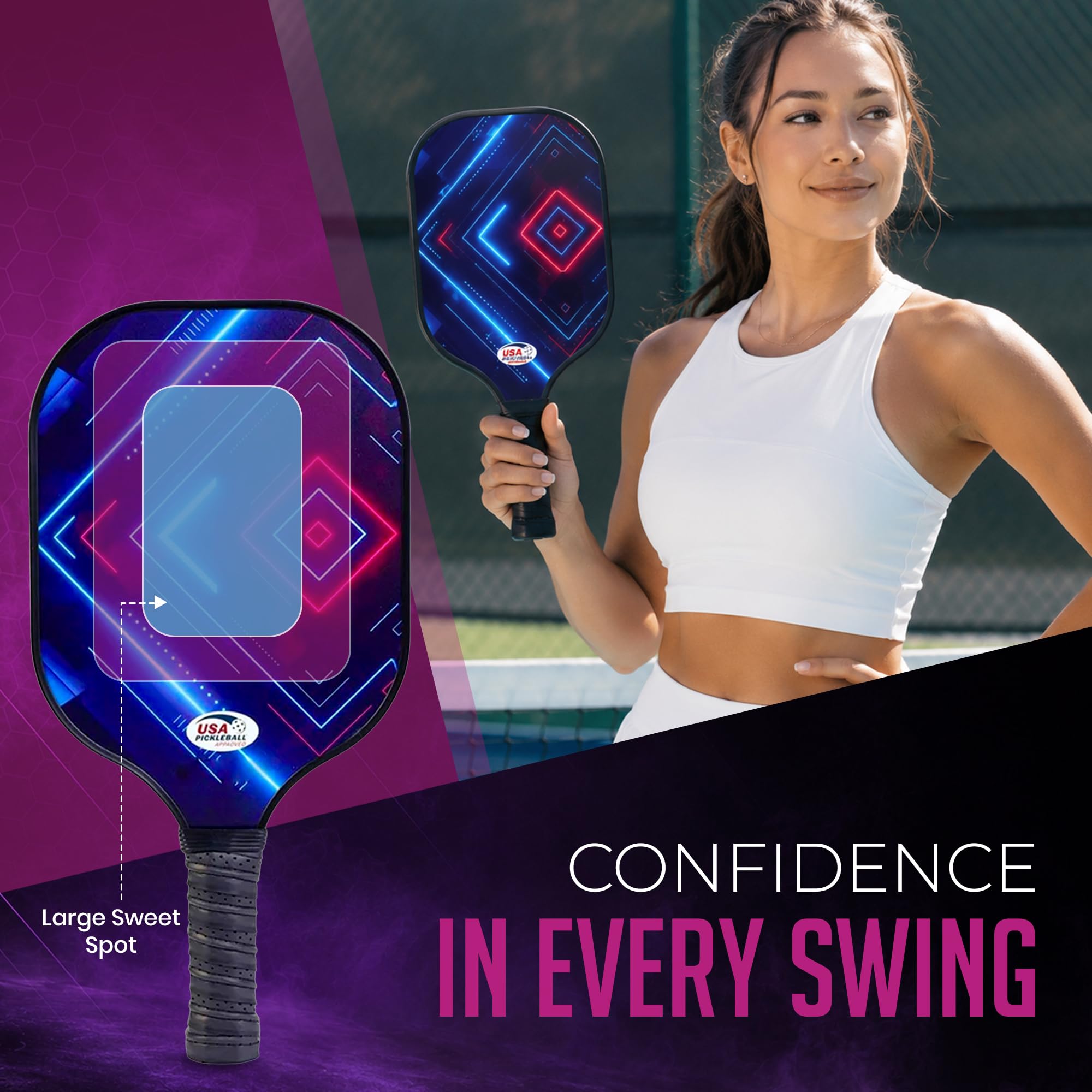 Set di 2 racchette da pickleball, con superficie in fibra di vetro approvata USAPA, con 2 racchette da pickleball, 4 palline da pickleball, 1 borsa per il trasporto portatile, set di racchette da