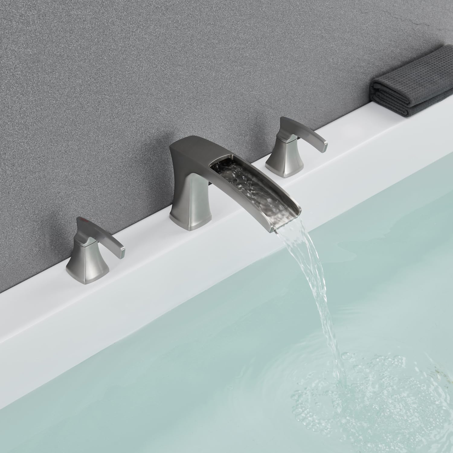 Water Creation F6 Brushed Nickel 3 Handle Deck Mount Roman Waterfall Bathtub Faucet With Hand Shower (Valve Included) F6 0006 02 AX At