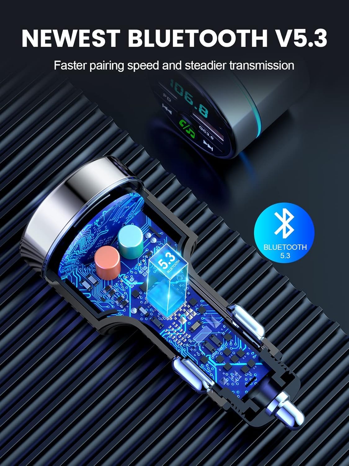 Mohard Nadajnik FM Bluetooth 5.3, całkowicie metalowy samochód Bluetooth, szybka ładowarka samochodowa PD30W typ C+QC3.0, adapter Bluetooth do radia samochodowego, redukcja szumów, połączenie