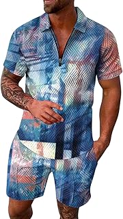Mens Fag Fashion Leisure Seaside Beach Holiday Impresión Digital 3D Cremallera Camisa de Manga Corta Pantalones Cortos de Dos Piezas Negocios Hombre Conjunto Completo Verano Hombre Corto