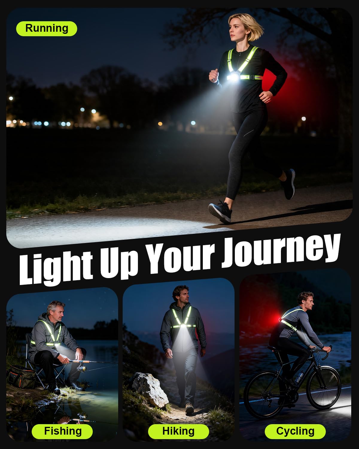 Luces de correr para corredores, luz de correr de 500 lúmenes con luz de alerta roja trasera, haz ajustable de 45° e impermeable IPX4, chaleco reflectante recargable para caminar/ciclismo