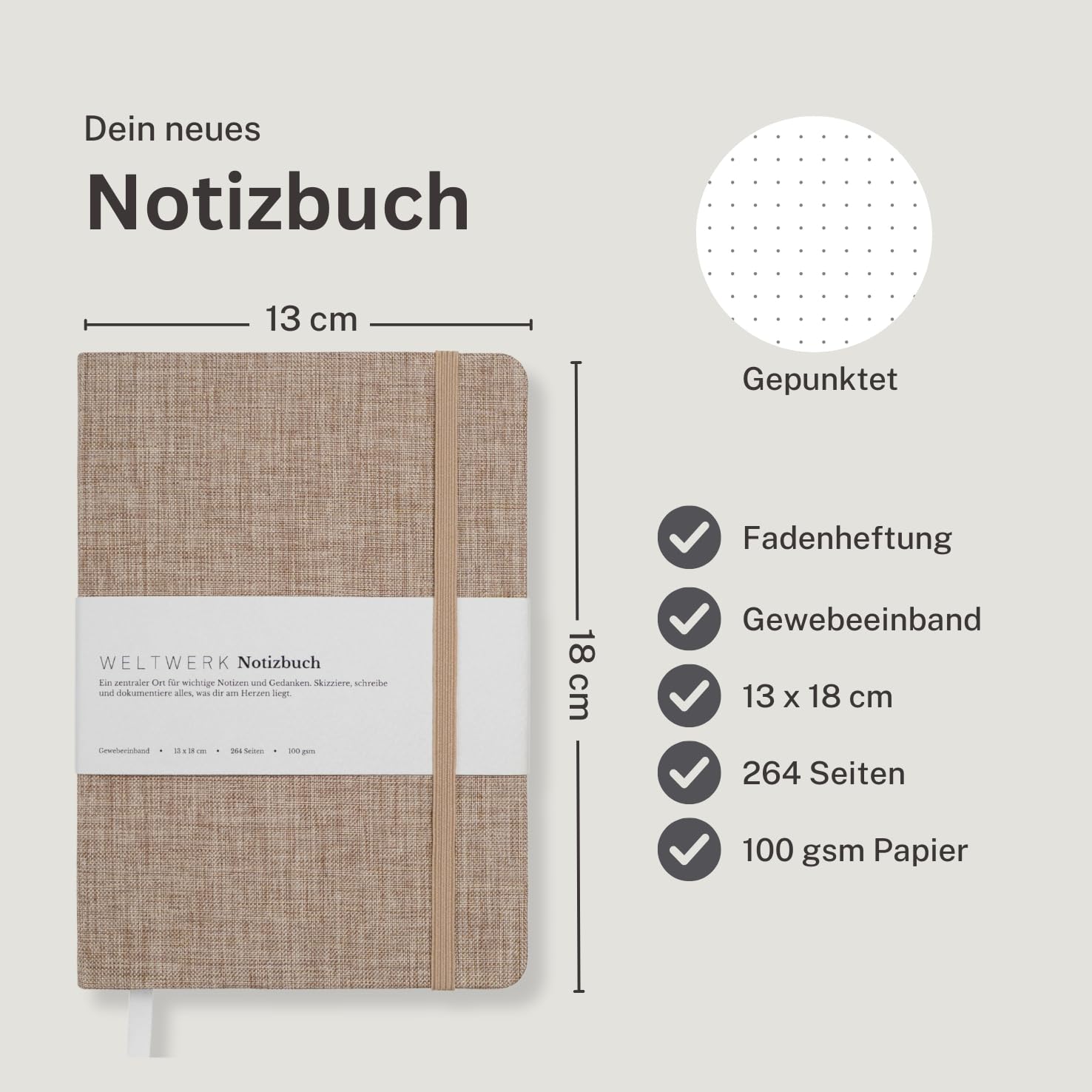 Notatnik B6+ [Dotted, lniany beżowy] wysokiej jakości notatnik z papierem o gramaturze 100 g/m², okładka z tkaniny i gumowa taśma – mały notatnik z 264 stronami do Bullet Journaling, szkiców