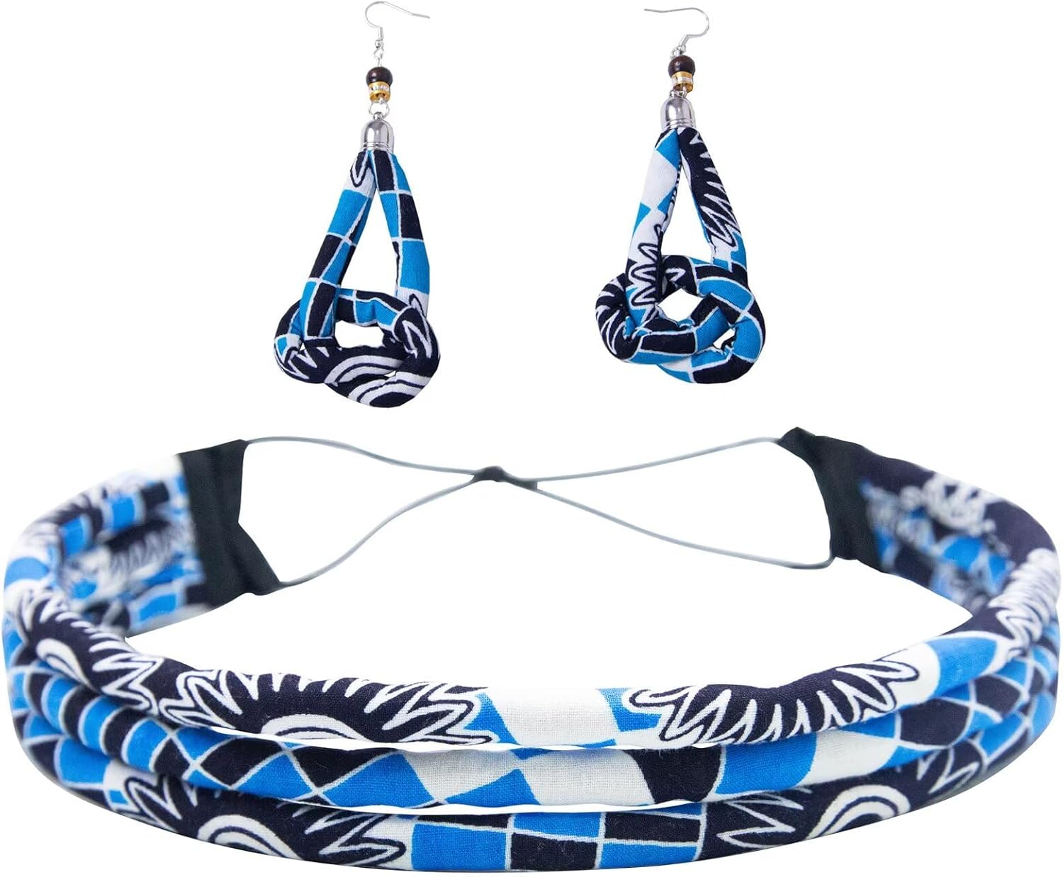 BintaRealWax Women's African Headband with Earring African Printed Headdress Three Strand Rope Adjustable 3PS