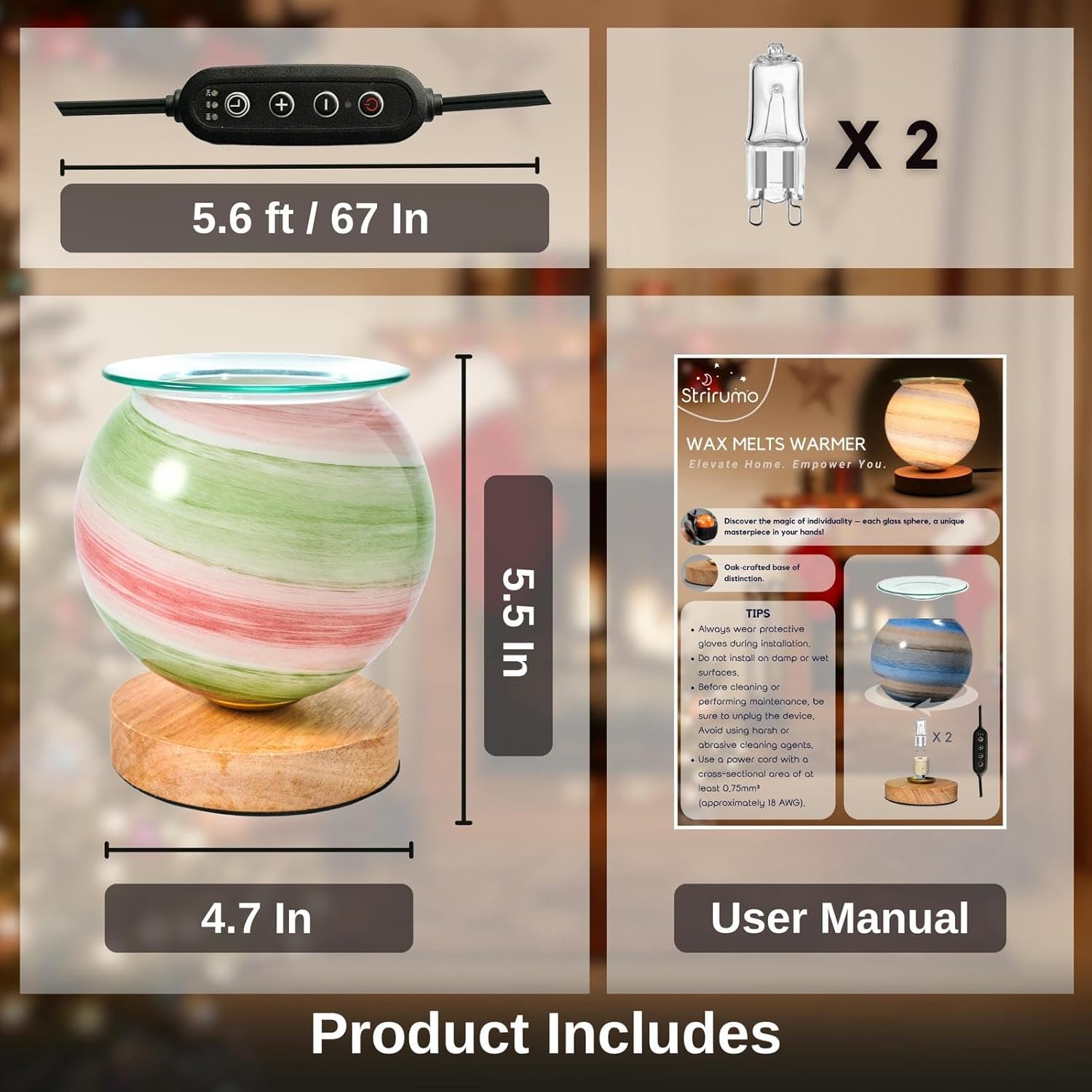 Wax Warmer for Scented Wax Melts,Wax Melt Warmer with Timer,Scentsy Wax Warmer,Wax Burner for Scented Wax,Dimmable Glass and Wood Moon Lamp Light for Bedroom,Cute Home Decor Gift, (Green)