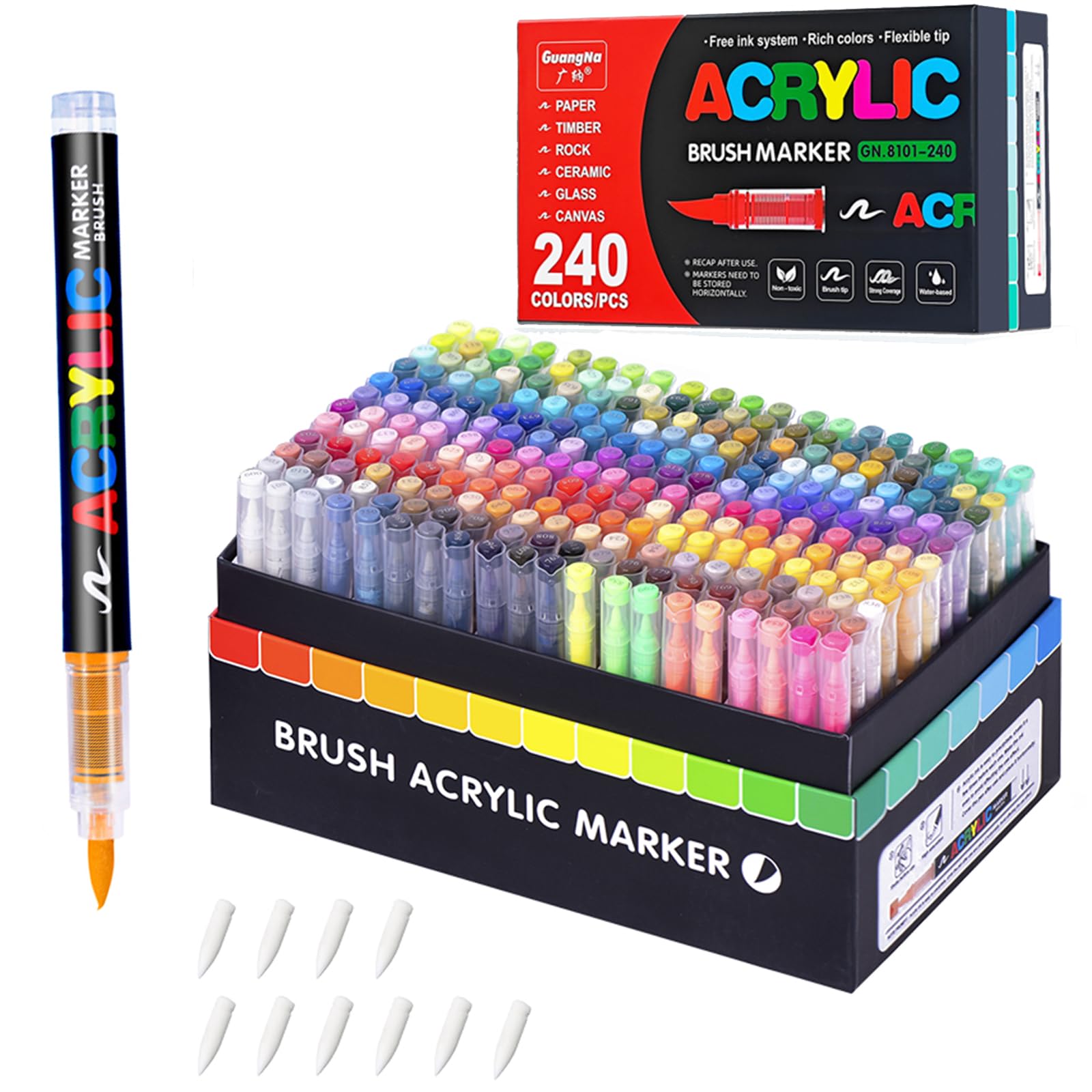 Guangna Acrylic Paint Markers,240 Colors with Direct-Liquid Ink Control System, Professional-Grade Paint Pen for Rock Painting, Canvas, Glass, Plastic