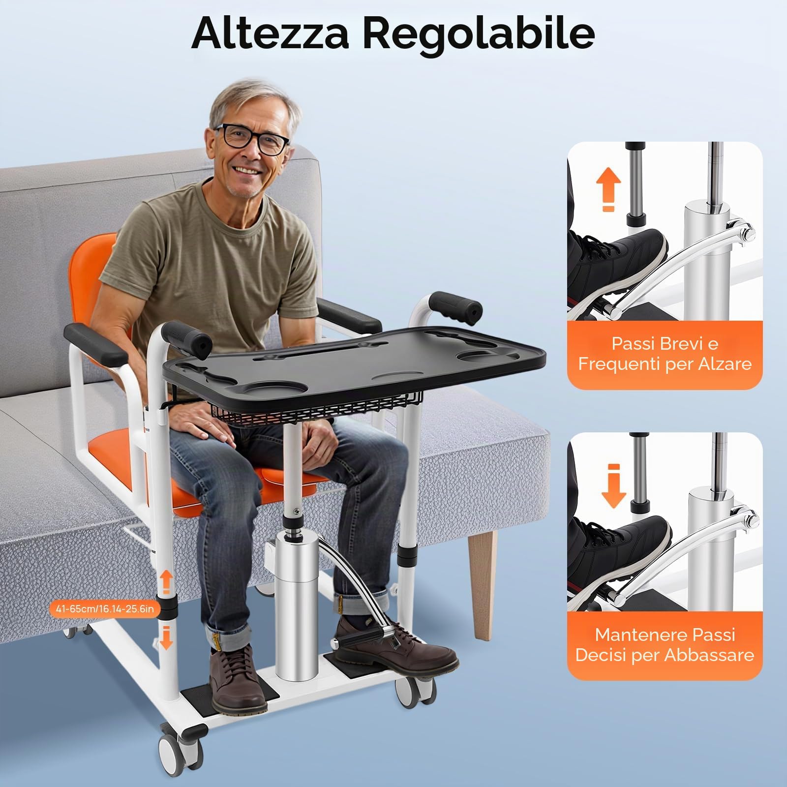 Sollevatore idraulico paziente, sedia a trasferimento paziente, sedia WC per anziani, seduta a 180°, altezza regolabile 150 kg, portata in casa di cura