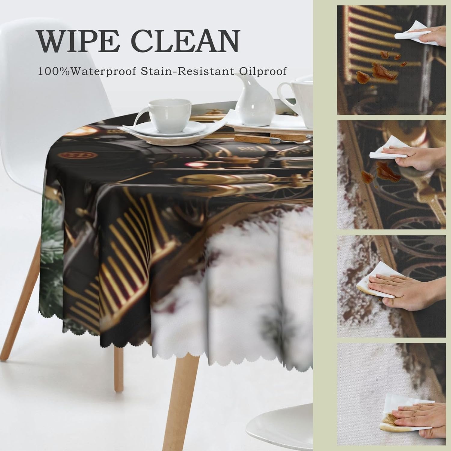 Steam Locomotive Train - 60 Inch Round Tablecloth, for Outdoor Picnic, Spill Proof and Washable Tablecloth, Kitchen and Holiday Dinner