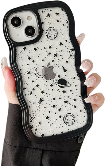ZTOFERA for iPhone 13/iPhone 14 Case 6.1 inch,Cute Curly Wave Frame Shape Case with Star Space Pattern, Clear Slim Shockproof Hard PC Bumper Phone Cover for iPhone 13/14, Black
