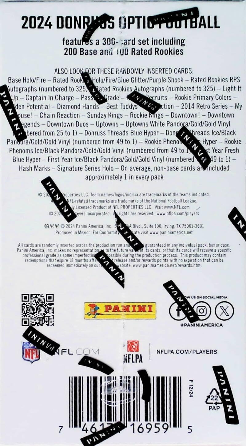 2024 Panini Donruss Optic Football Factory Sealed Blaster Box 6 Packs of 4 Cards. Find 3 Blaster Exclusive Purple Shock Parallels. See scans for more details. Chase the highly sought after Uptowns and Downtown Inserts.