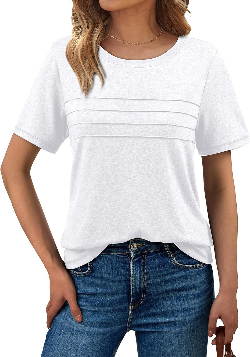 MioRoim Womens Tops Round Neck Pleated Tops Casual Short Sleeve Solid Color Blouse Loose Shirts