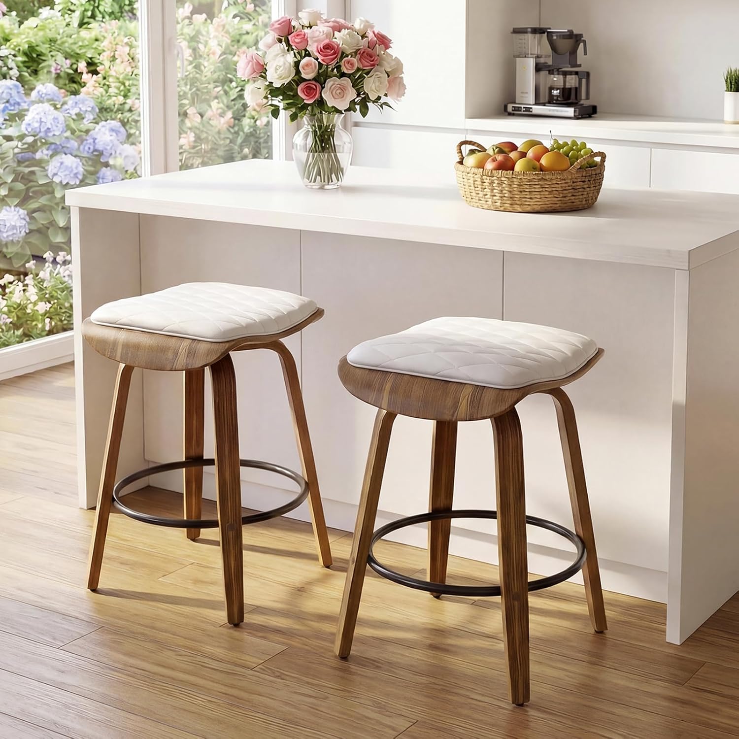 LUNLING 24” Counter Height Swivel Bar Stools Set of 2 for Kitchen Counter No Back,Upholstered Beige Faux Leather Backless Modern Barstools,Solid Wood Legs Modern Counter Top Bar Chairs with Footrests
