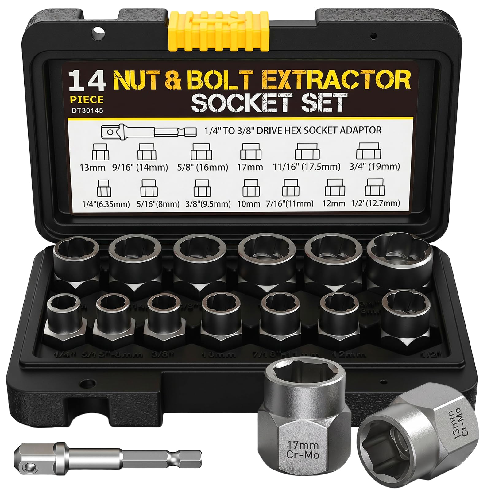 Bolt Extractor Set Heavy Duty, 14Pcs Impact Nut & Bolt Remover Kit with 3/8" Adapter, Stripped Lug Nut Extractor Tool for Rusted, Rounded, Damaged Nuts & Screws