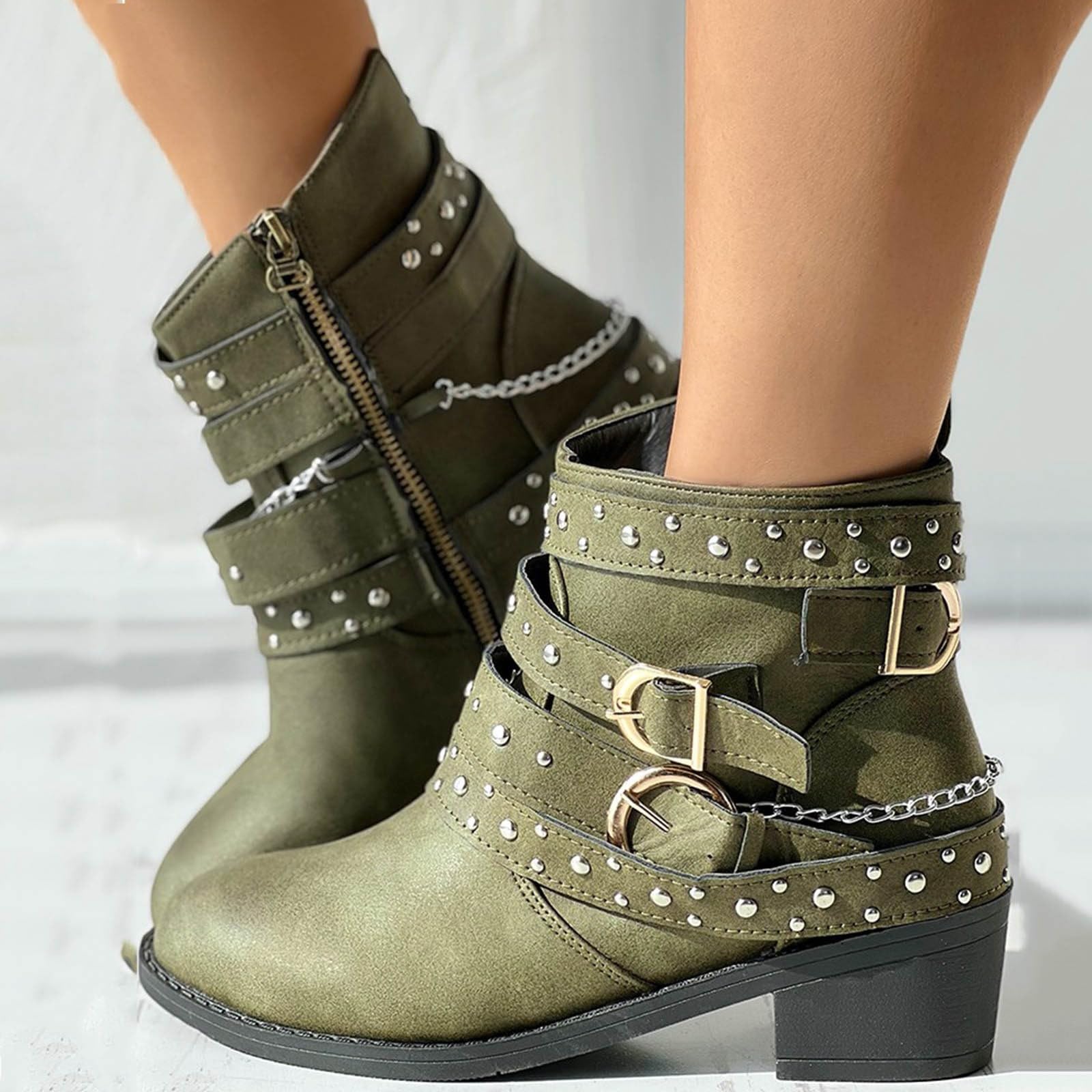 Stivaletti da donna, con tacco a blocco, autunno, inverno, da donna, con fibbie, vintage, da cowboy, tinta unita, con chiusura lampo laterale