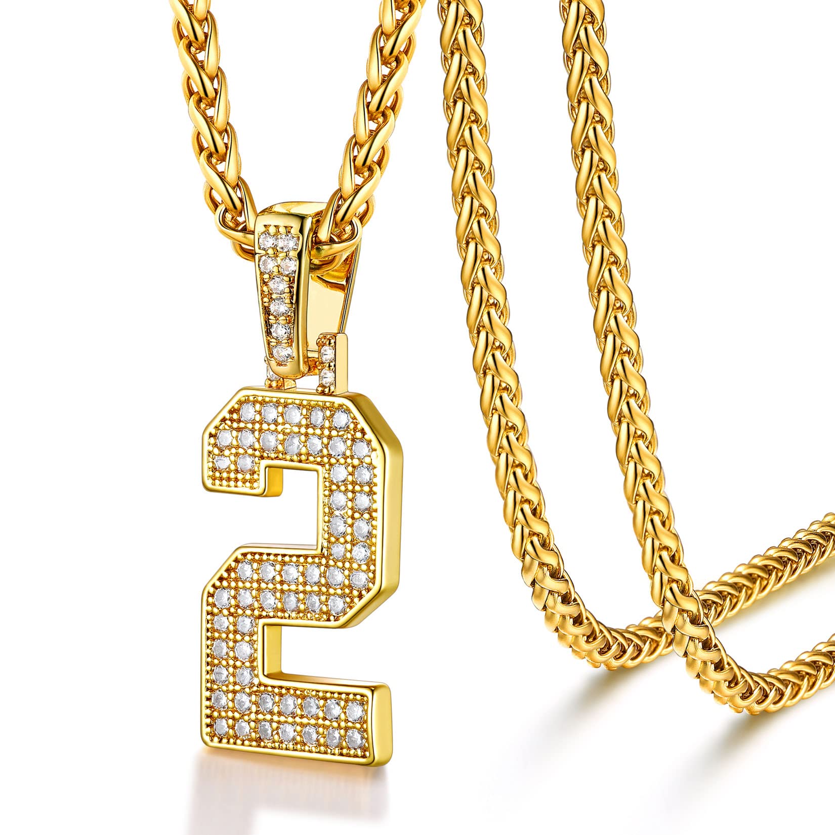 U7Jersey Number 0-9 Necklaces for Men Women Stainless Steel 18K Gold Plated Classic or Full Iced Cubic Zirconia Baseball/Football Athletes Number Pendant with 22"+2" Chain Gift for Son Husband