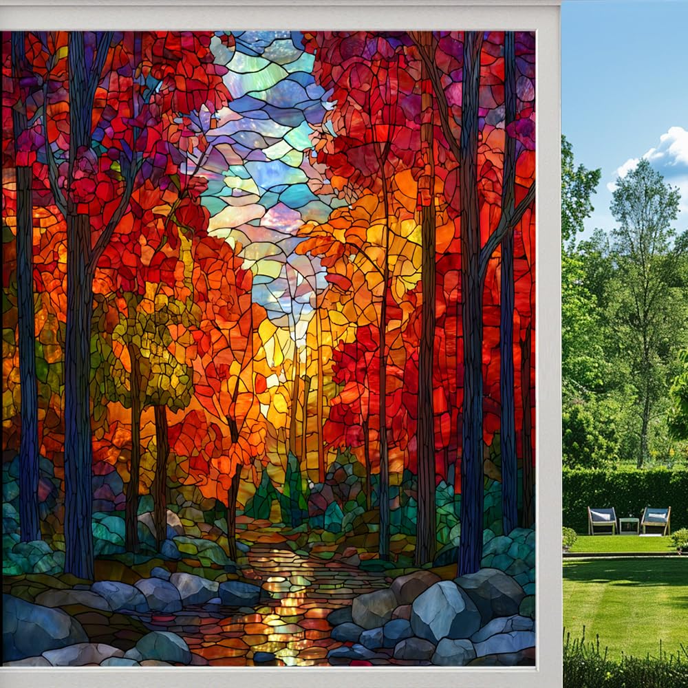Dreamy Forest Privacy Window Film, Colorful Nature Path Woods Frosted Self-Adhesive Vinyl Cling for Glass Doors Bathroom Windows Sun Blocking Heat Control, （55x120cm）