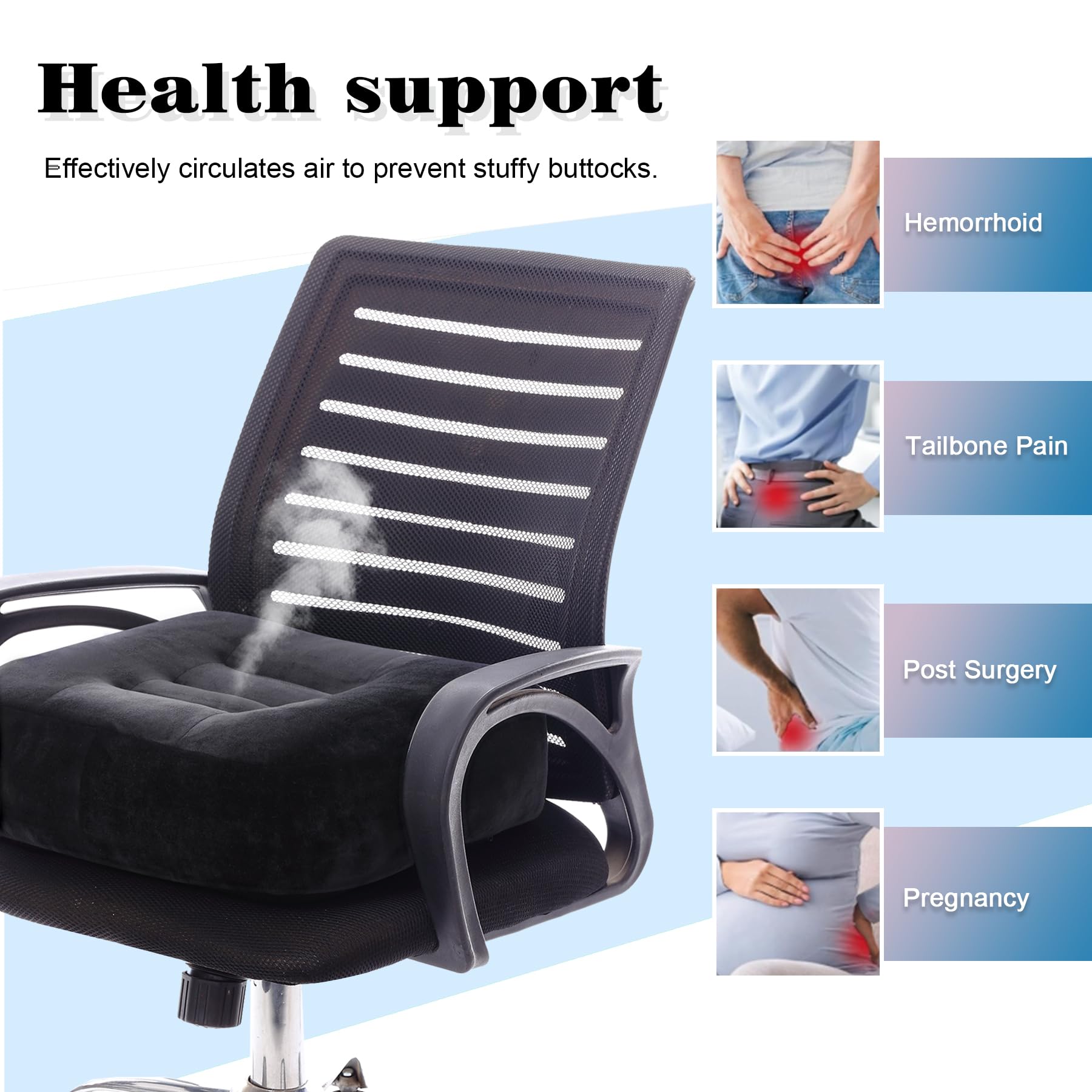 Cojín de asiento extra grande, cojín grueso para silla de oficina, funda de terciopelo con asa y parte inferior antideslizante, relleno de algodón PP, alivio del dolor de coxis (negro, XL)