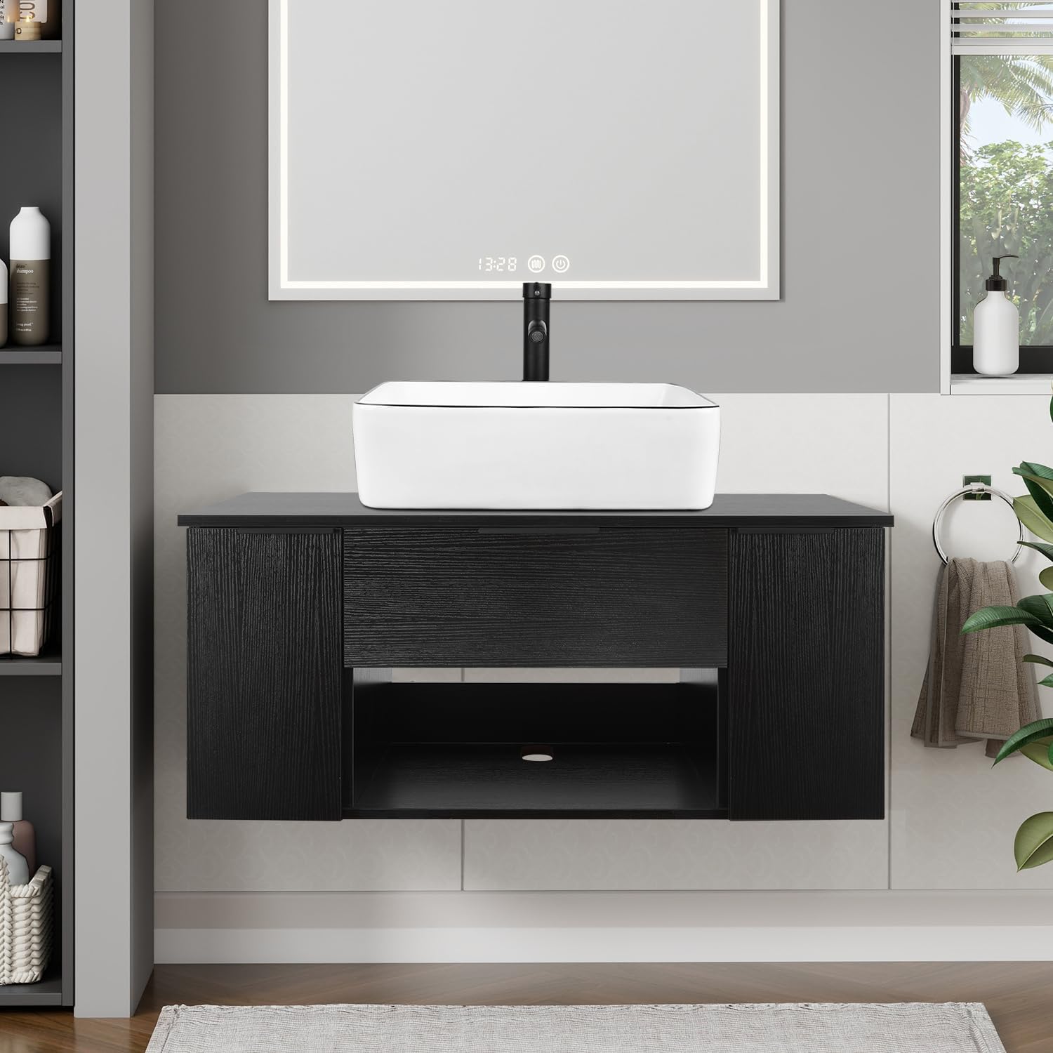 28 Inch Black Floating Bathroom Vanity with 2-Door and 1-Drawer, Modern Wall Mounted Cabinet Without Sink