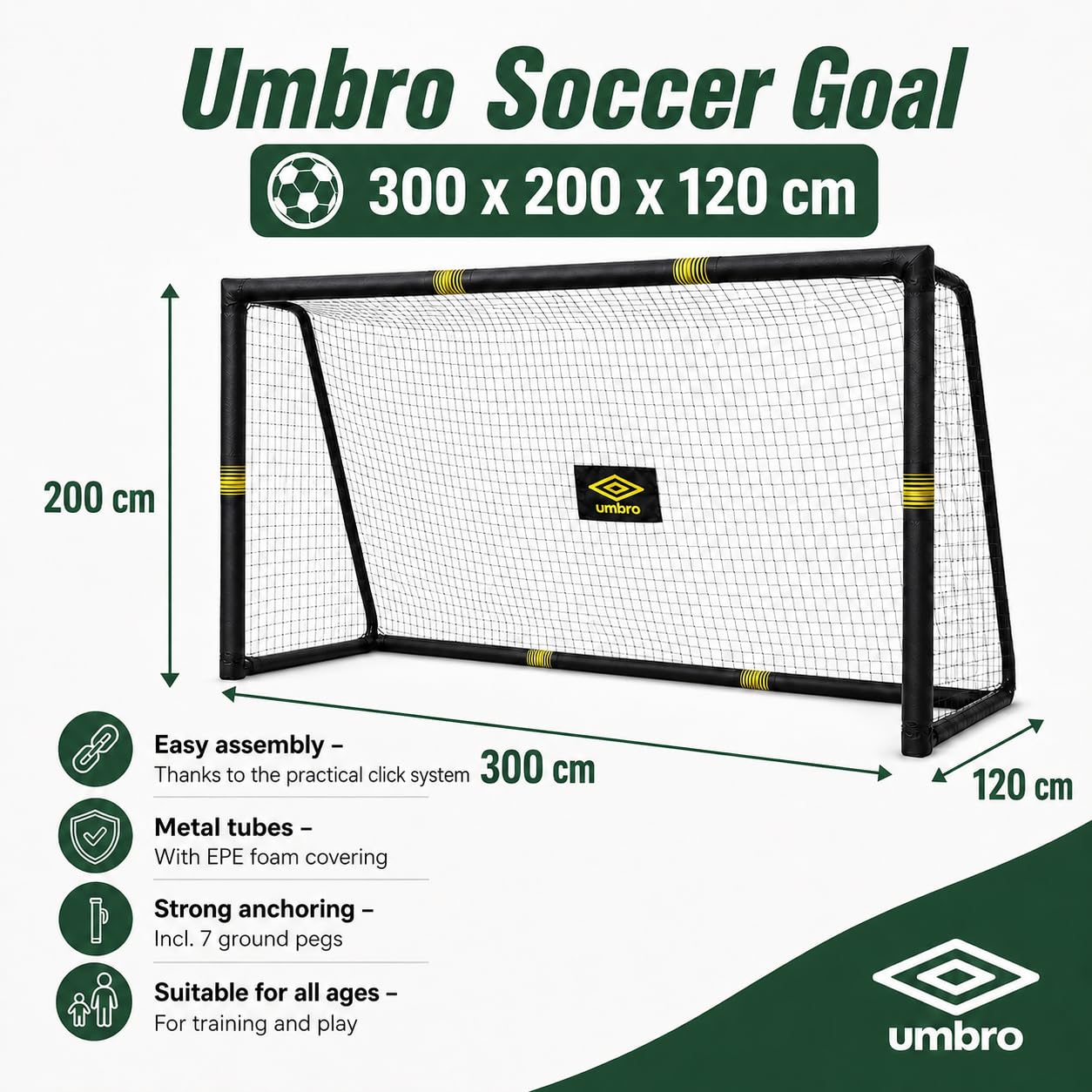 Umbro Bramka Do Piłki Nożnej 300 X 200 X 120 Cm – Bramka Do Piłki Nożnej Do Ogrodu, Dla Dzieci I Dorosłych – Akcesoria Treningowe Do Użytku Wewnątrz I Na Zewnątrz – Metalowa, Czarny/Żółty