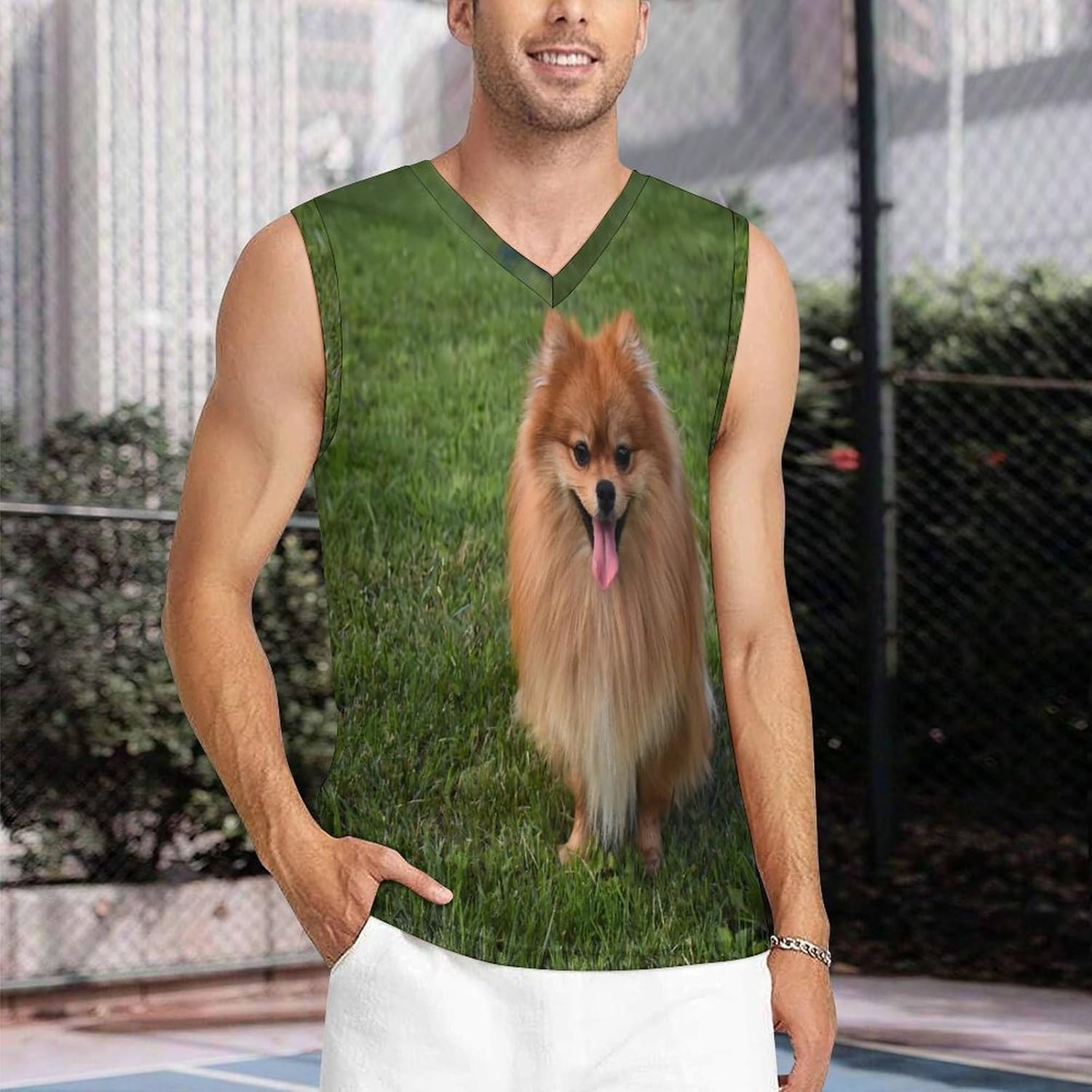 Pomeranian Dog Men's V-Neck Basketball Tank Top Sleeveless Workout Tank Shirts Gym Fitness Tees Vest