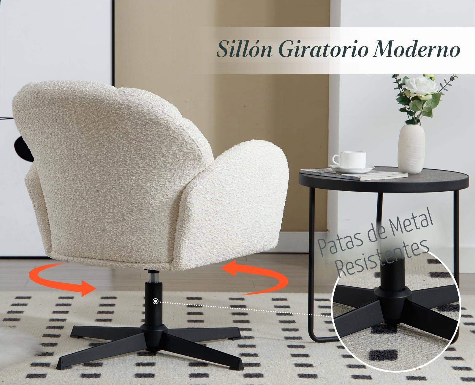 chairus Sillón Butaca de Salón de Lana Sintética Sillón Lectura Habitación Giratoria con Reposabrazos, Silla Individual de Ocio con Base de Metal para Hogar/Dormitorio, Blanco