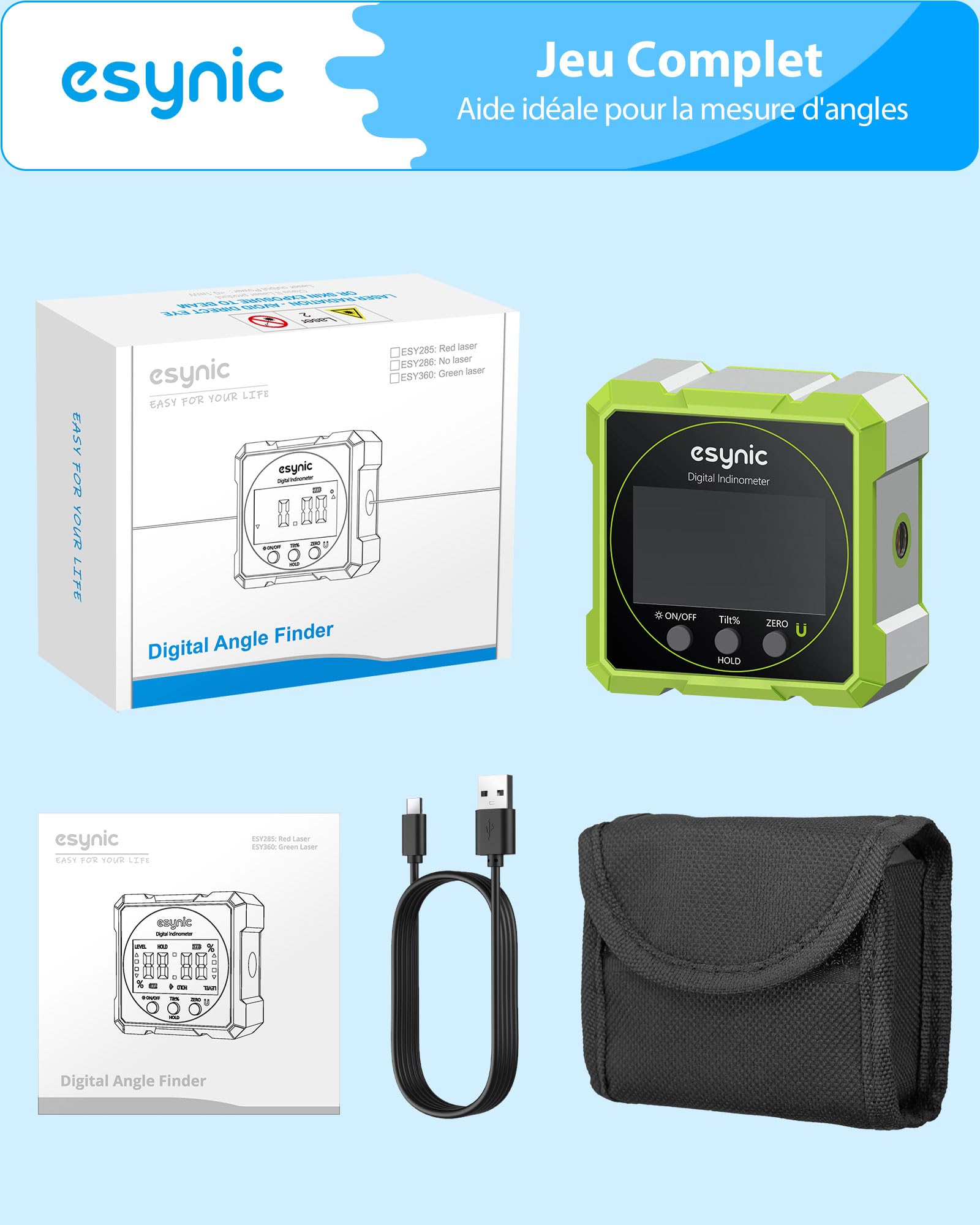 eSynic Inclinomètre Numérique avec Laser Vert 4 Faces Magnétiques Écran LCD VA Mesureur d'Angle Numérique 4*90° Réversible Réinitialisable Étanche IP54 Inclinomètre Magnétique pour Menuiserie Bâtiment