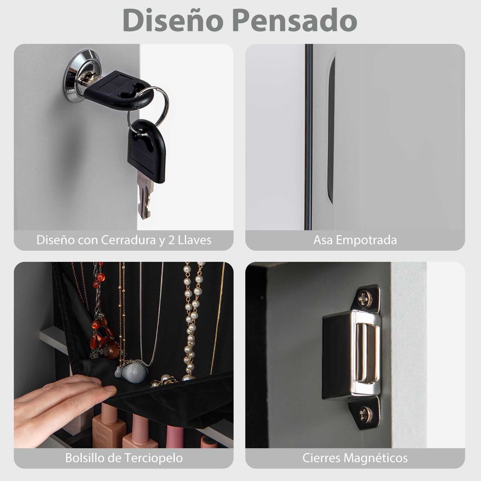 COSTWAY LED Armario con Espejo Joya Organizador de Puerta o Pared con Llave Gris