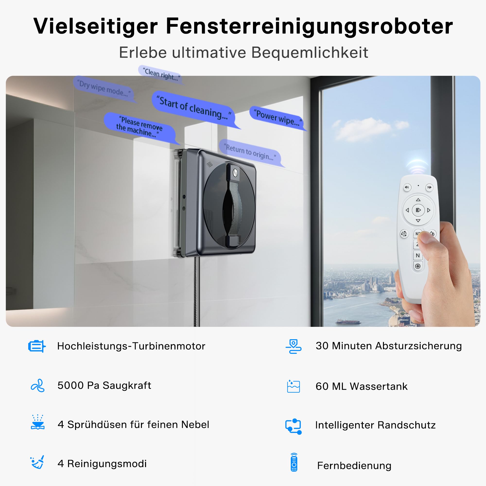 Fensterputzroboter mit Fernbedienung, 4-Düsen-Wassersprüher, Turbo-Absaugung 5000PA Starke Saugkraft, 3 Reinigungsmodi, Intelligente Pfadplanung, Kanten-Erkennung, Fernbedienung, 4 Reinigungstücher