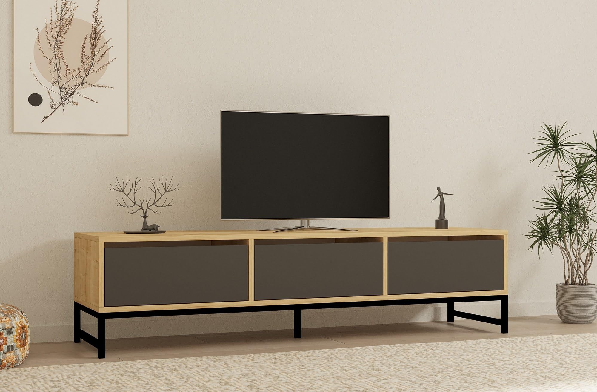 Meuble TV industriel 160 cm en bois noir pour optimiser l'espace de votre salon