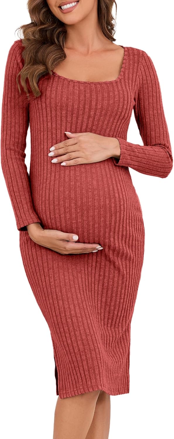Long Sleeve Maternity Sweater Dress for Fall Winter, Knit Ribbed Maternity Bodycon Dress