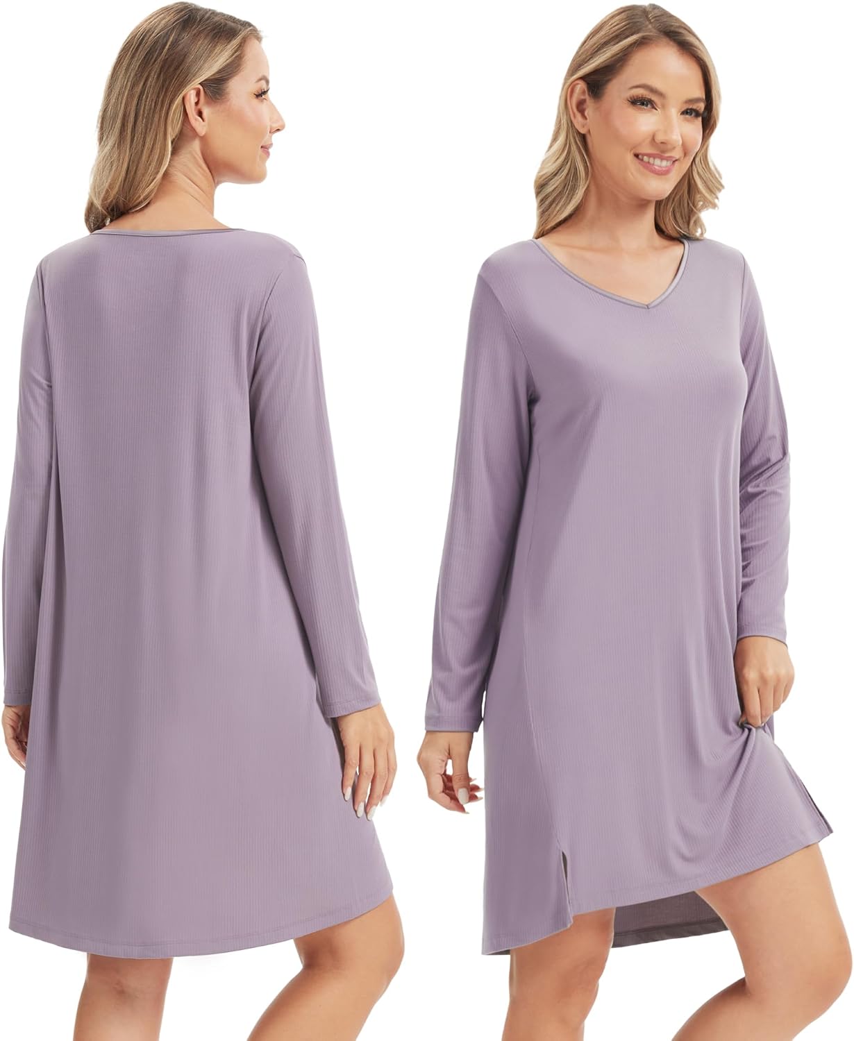 WiWi Women's Nightgown Soft Ribbed Long Sleeve Nightshirt Bamboo Viscose V-Neck Sleepwear Casual Sleep Shirt S-XXL - Image 3