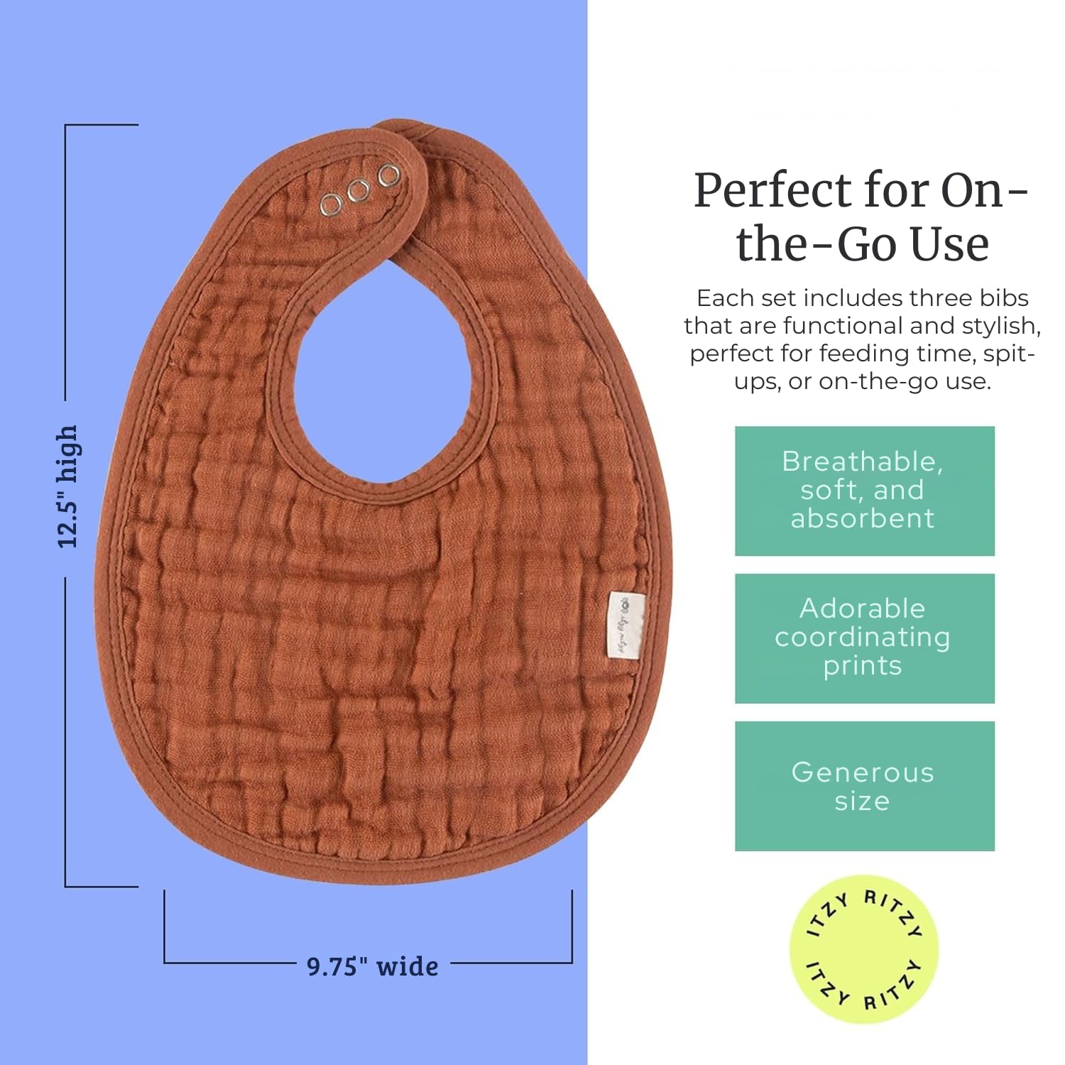 Itzy Ritzy Baby Muslin Bibs Set of 3, Soft Cotton Dribble Bibs with Adjustable Closure - Image 3