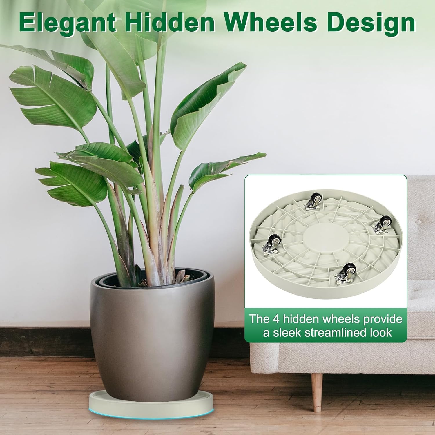 2PCS Round Planter Caddies, 14 Inches Plastic Plant Roller with Wheel, Plant Saucers for Indoors, Plant Stand for Flower Pots [Beige]